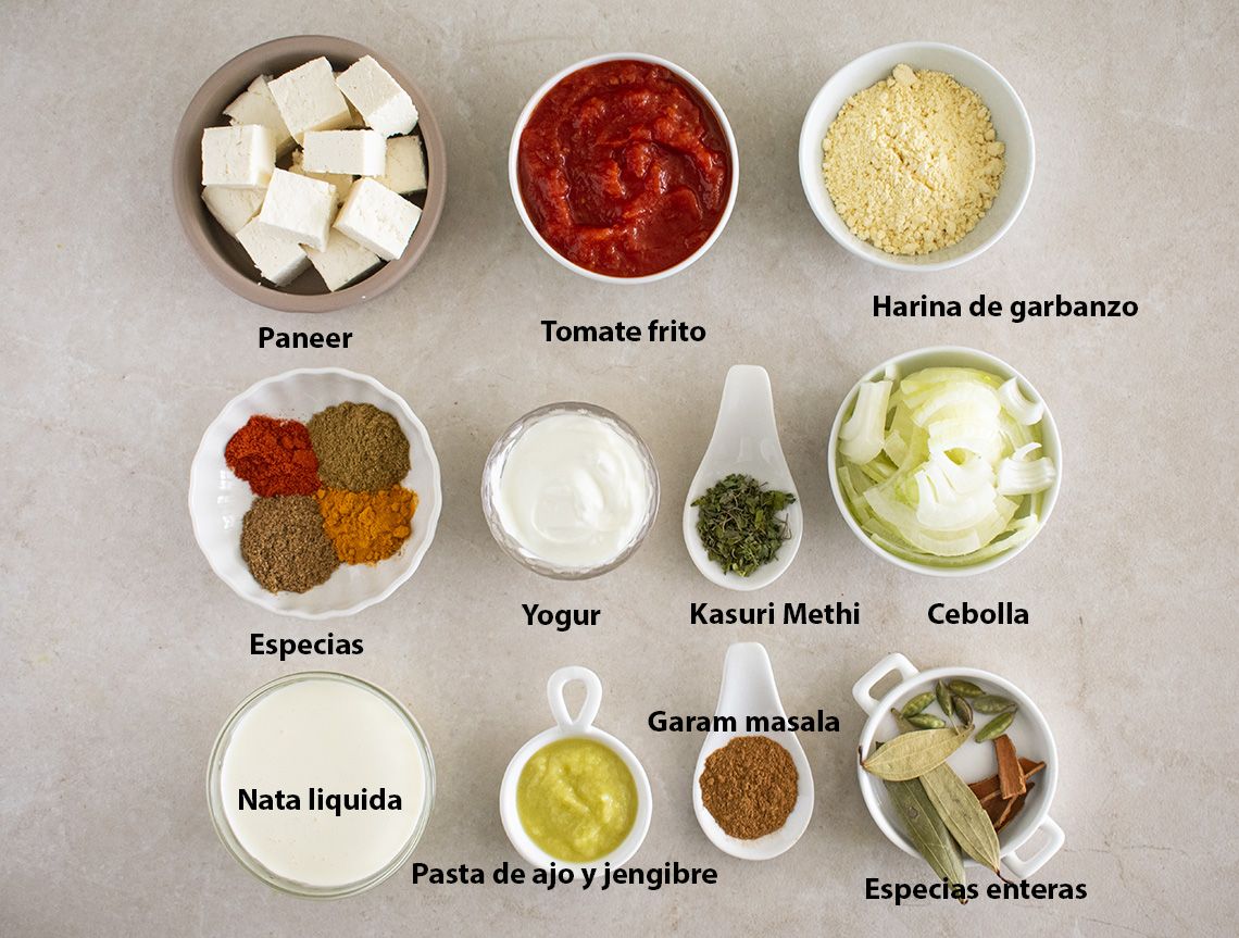 Ingredientes para Paneer Tikka Masala